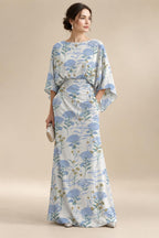 Sheath Chiffon Floral Print Cape Sleeves Mother of the Bride & Groom Dresses for Formal Wedding (SHI22500682)