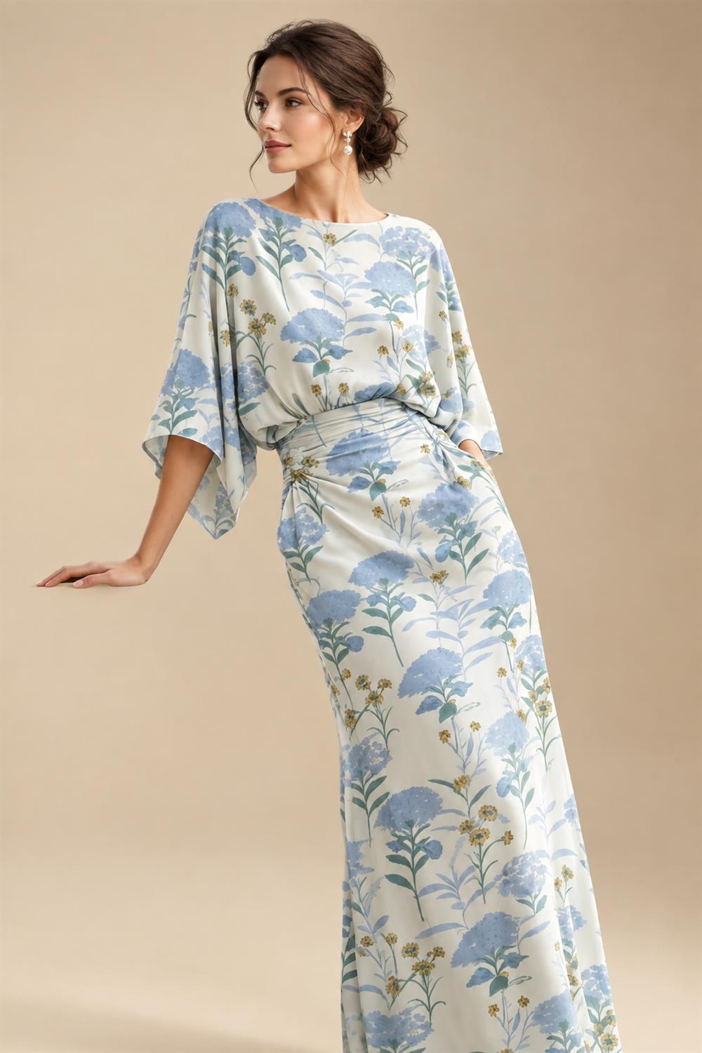 Sheath Chiffon Floral Print Cape Sleeves Mother of the Bride & Groom Dresses for Formal Wedding (SHI22500682)