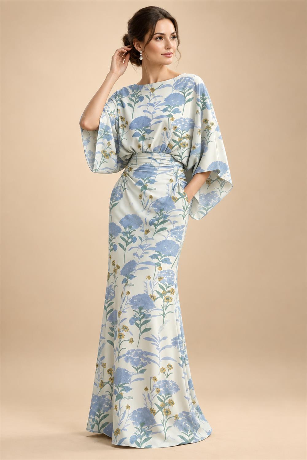 Sheath Chiffon Floral Print Cape Sleeves Mother of the Bride & Groom Dresses for Formal Wedding (SHI22500682)