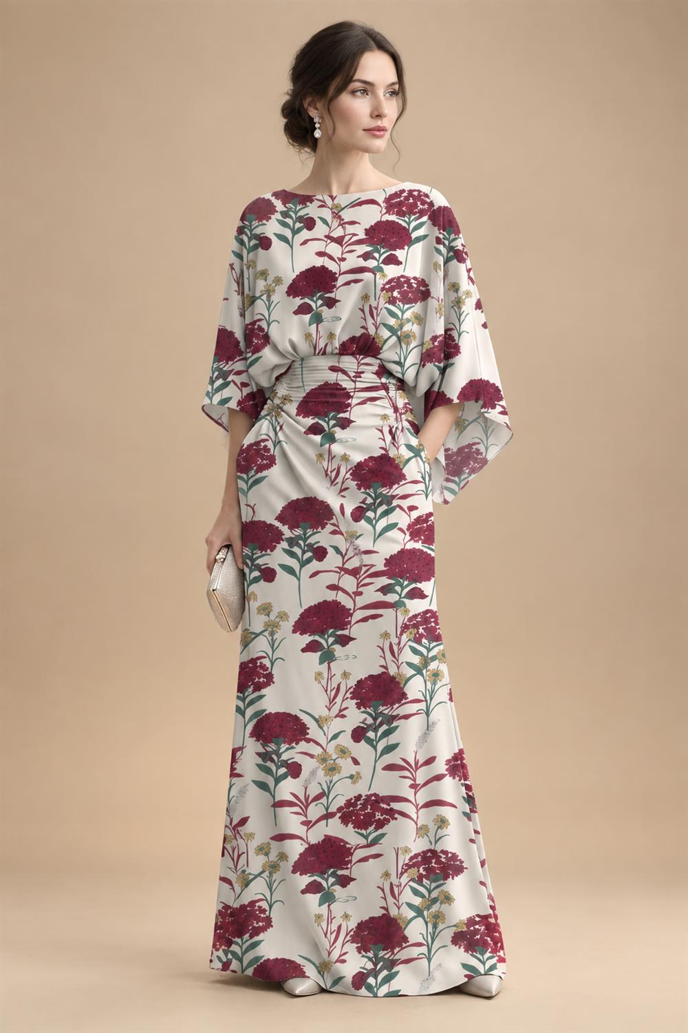 Sheath Chiffon Floral Print Cape Sleeves Mother of the Bride & Groom Dresses for Formal Wedding (SHI22500682)