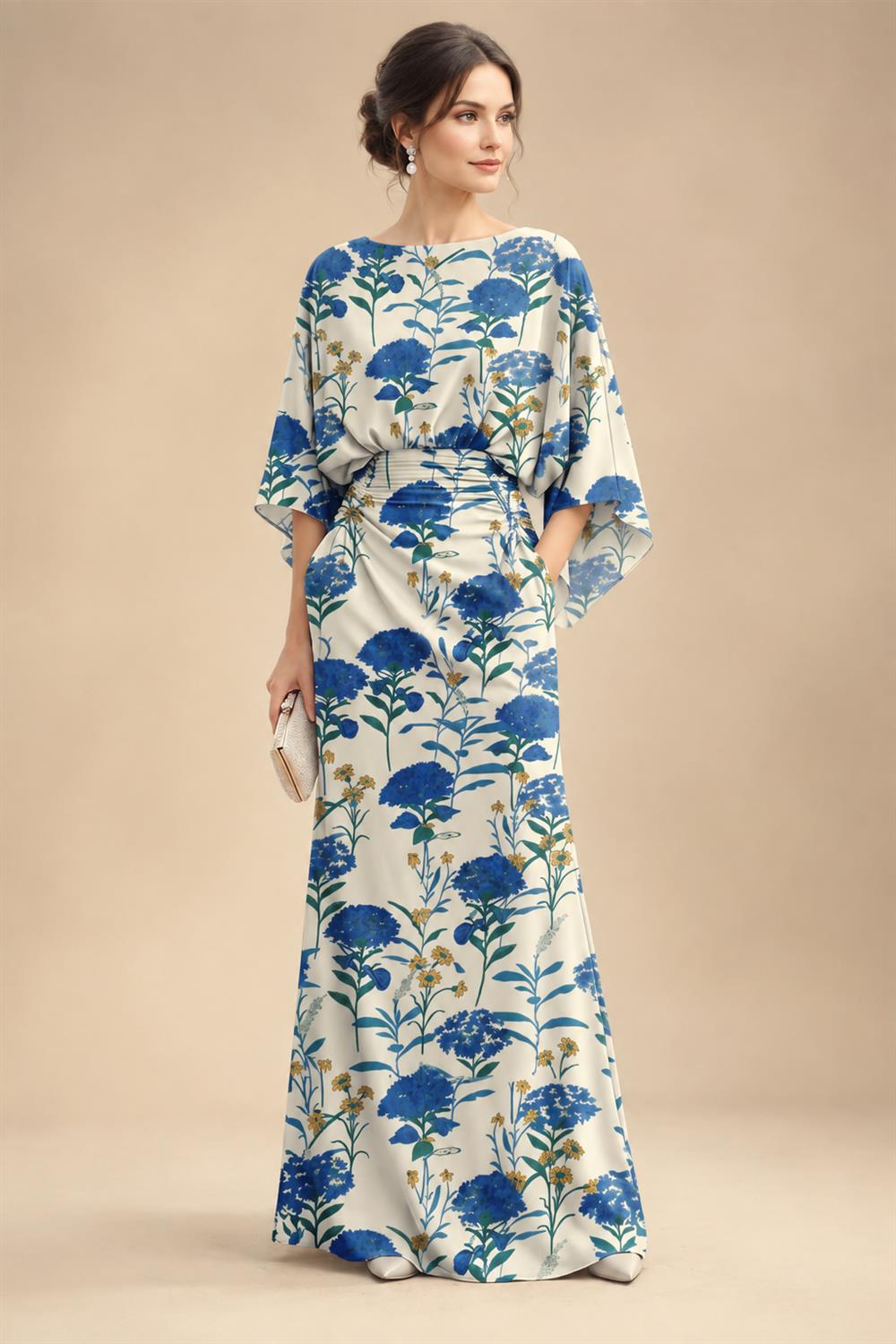 Sheath Chiffon Floral Print Cape Sleeves Mother of the Bride & Groom Dresses for Formal Wedding (SHI22500682)