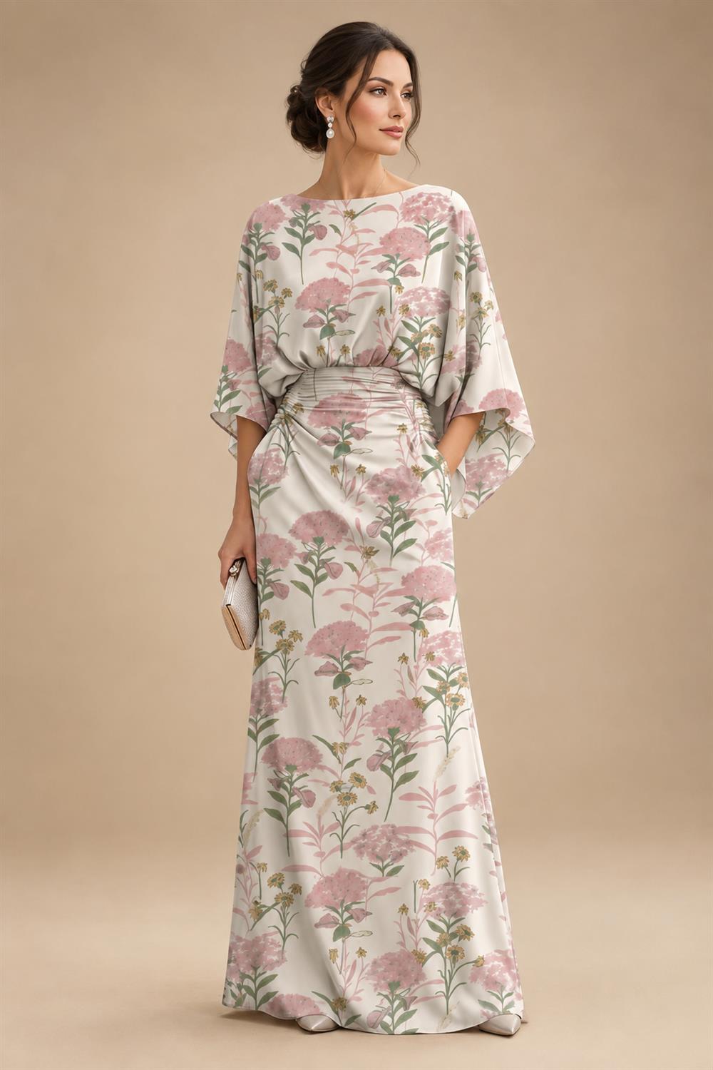 Sheath Chiffon Floral Print Cape Sleeves Mother of the Bride & Groom Dresses for Formal Wedding (SHI22500682)
