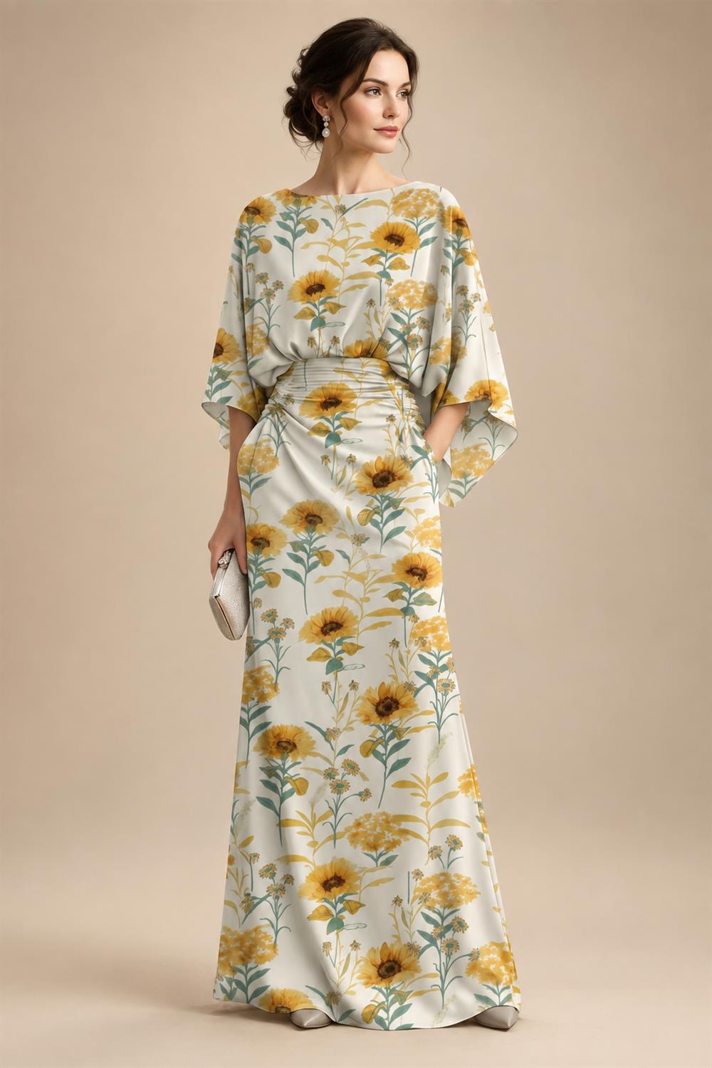 Sheath Chiffon Floral Print Cape Sleeves Mother of the Bride & Groom Dresses for Formal Wedding (SHI22500682)