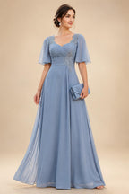 A-Line Floral Jacquard Floor-Length Mother of the Bride & Groom Dresses with V-Neck, Cap Sleeves (SHI22500480)