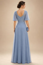 A-Line Floral Jacquard Floor-Length Mother of the Bride & Groom Dresses with V-Neck, Cap Sleeves (SHI22500480)
