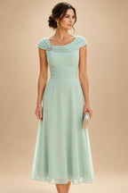 Lightweight Sheath Tea-Length Chiffon Mother of the Bride & Groom Dresses with Cowl Neck & Ruched Waist (SHI22500689)