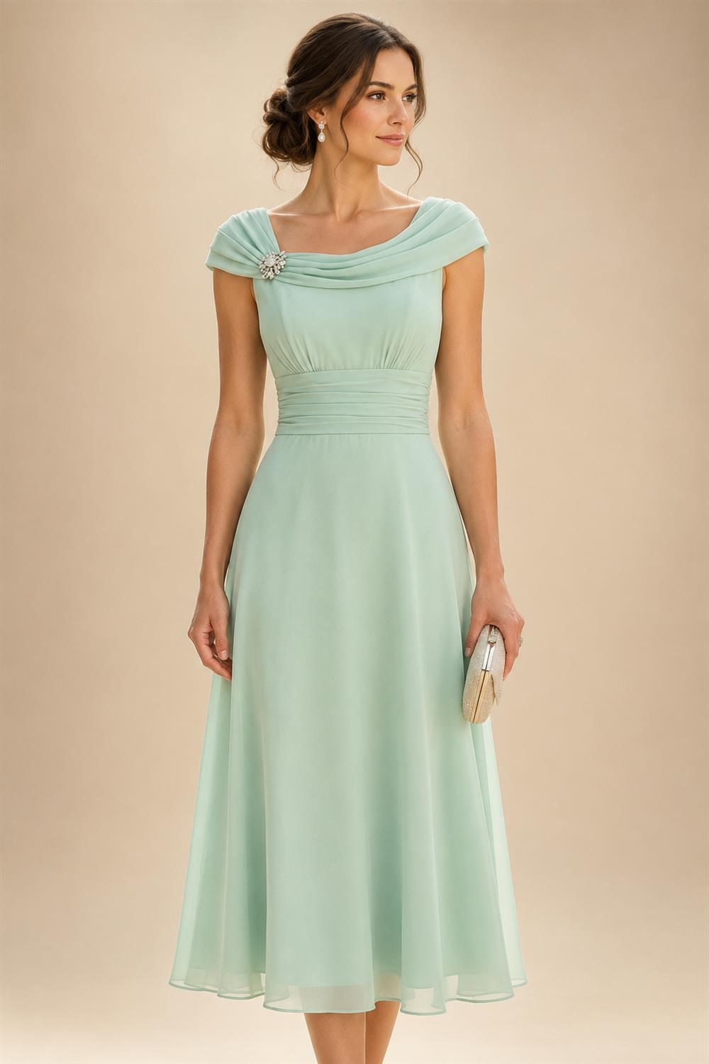 Lightweight Sheath Tea-Length Chiffon Mother of the Bride & Groom Dresses with Cowl Neck & Ruched Waist (SHI22500689)