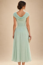 Lightweight Sheath Tea-Length Chiffon Mother of the Bride & Groom Dresses with Cowl Neck & Ruched Waist (SHI22500689)