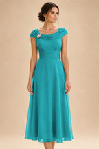 Lightweight Sheath Tea-Length Chiffon Mother of the Bride & Groom Dresses with Cowl Neck & Ruched Waist (SHI22500689)