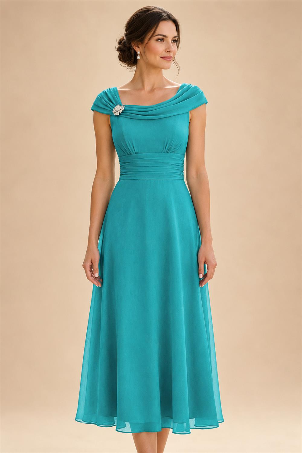 Lightweight Sheath Tea-Length Chiffon Mother of the Bride & Groom Dresses with Cowl Neck & Ruched Waist (SHI22500689)