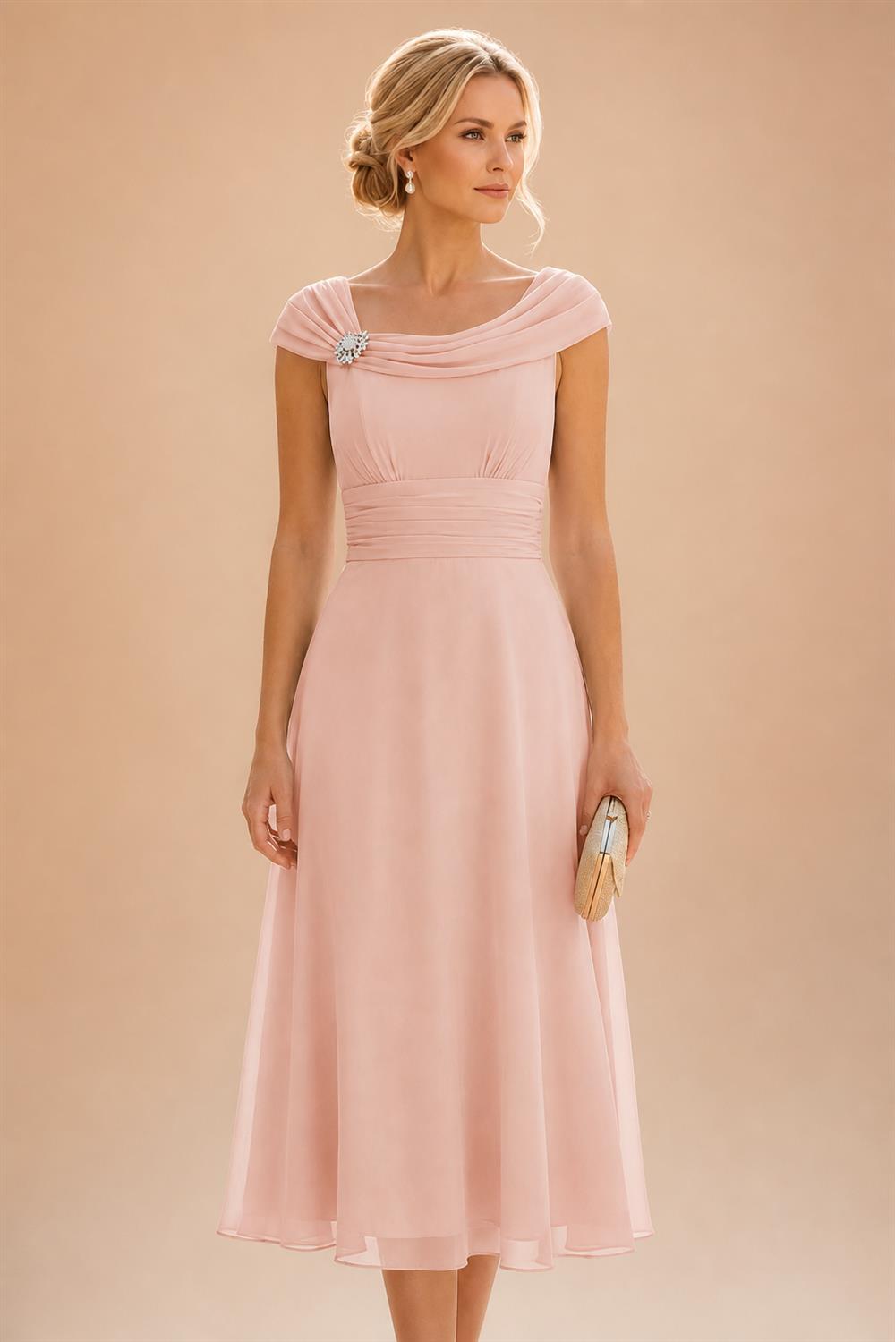 Lightweight Sheath Tea-Length Chiffon Mother of the Bride & Groom Dresses with Cowl Neck & Ruched Waist (SHI22500689)