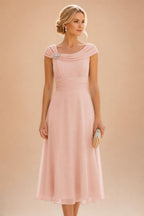 Lightweight Sheath Tea-Length Chiffon Mother of the Bride & Groom Dresses with Cowl Neck & Ruched Waist (SHI22500689)