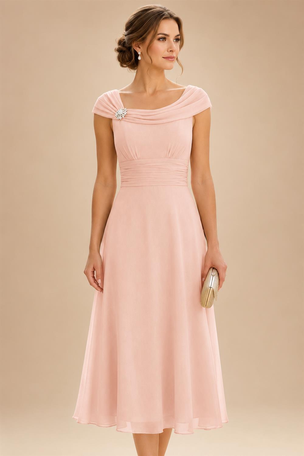 Lightweight Sheath Tea-Length Chiffon Mother of the Bride & Groom Dresses with Cowl Neck & Ruched Waist (SHI22500689)