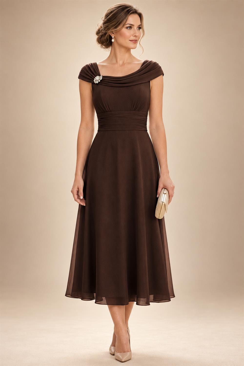 Lightweight Sheath Tea-Length Chiffon Mother of the Bride & Groom Dresses with Cowl Neck & Ruched Waist (SHI22500689)