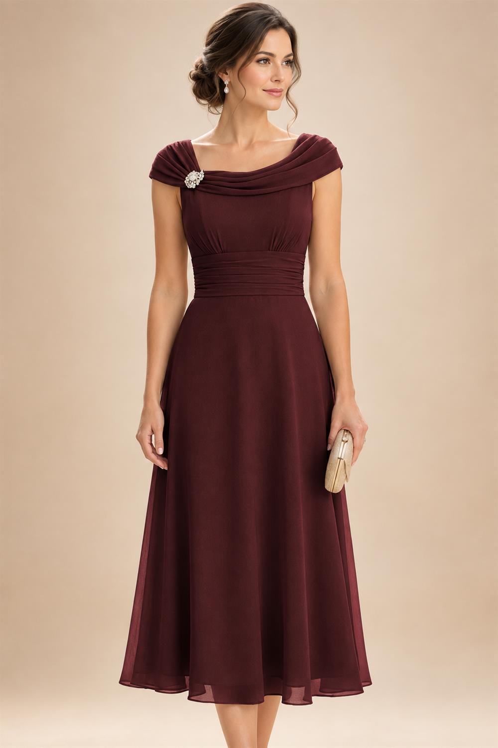 Lightweight Sheath Tea-Length Chiffon Mother of the Bride & Groom Dresses with Cowl Neck & Ruched Waist (SHI22500689)