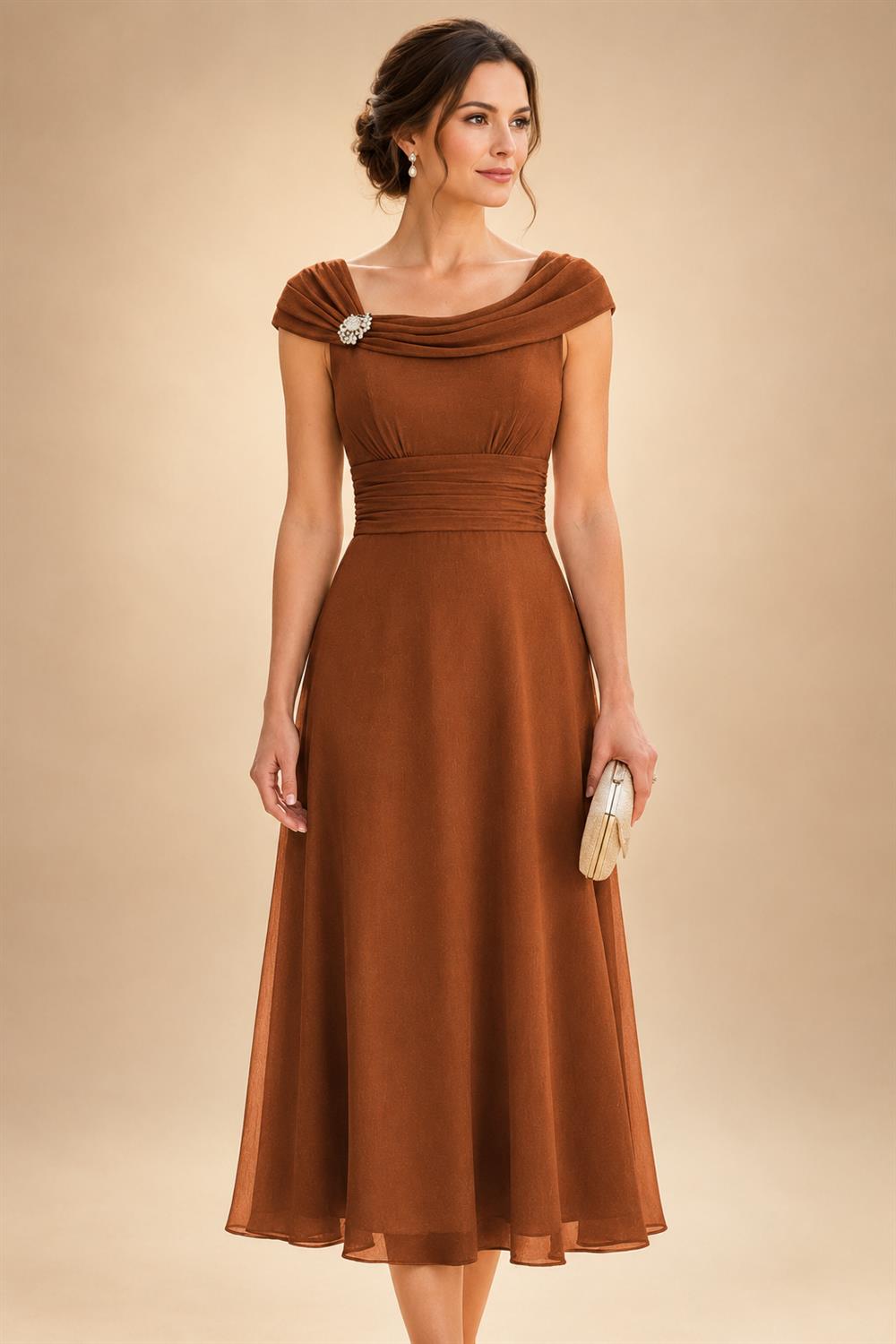 Lightweight Sheath Tea-Length Chiffon Mother of the Bride & Groom Dresses with Cowl Neck & Ruched Waist (SHI22500689)