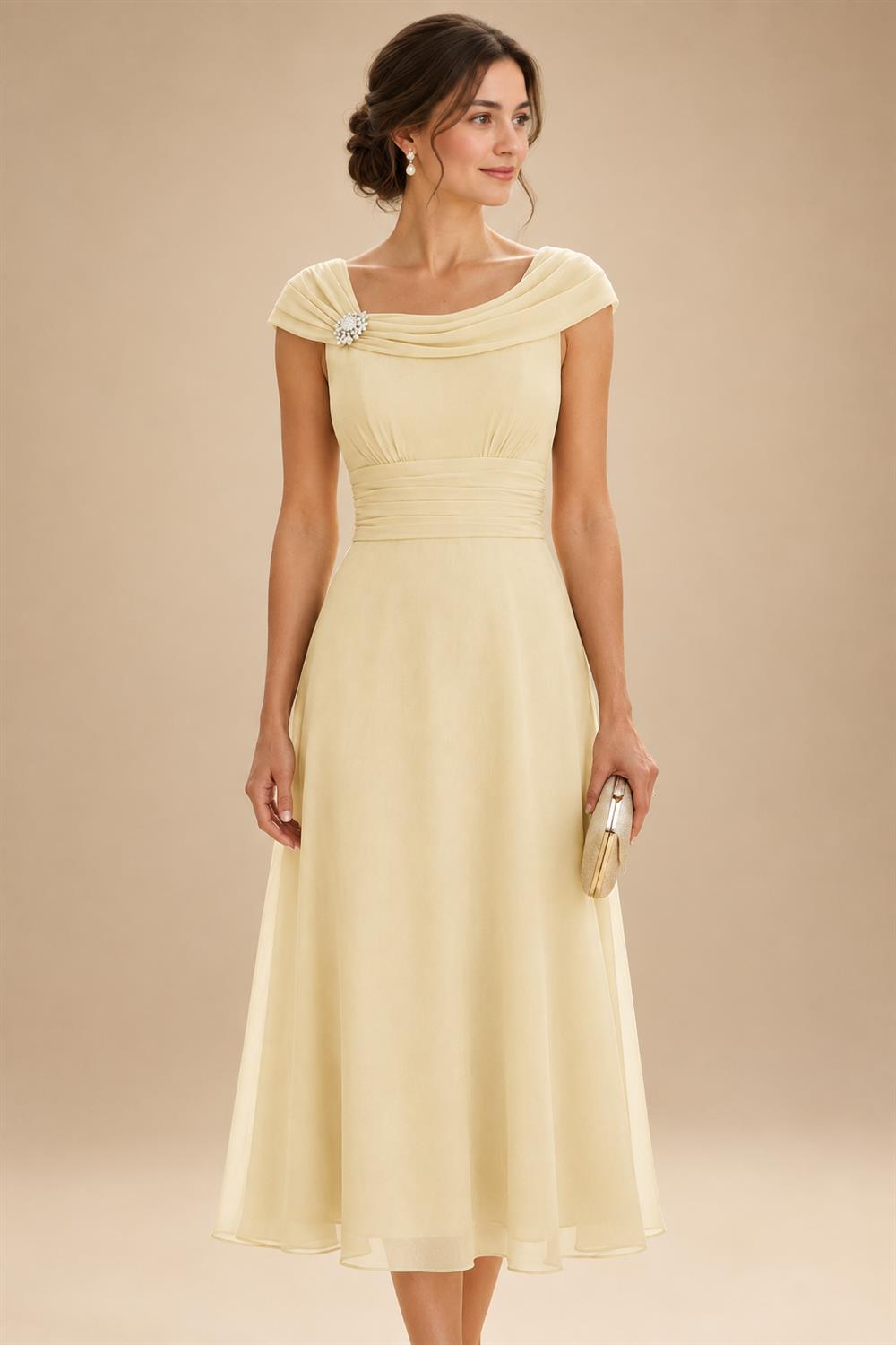 Lightweight Sheath Tea-Length Chiffon Mother of the Bride & Groom Dresses with Cowl Neck & Ruched Waist (SHI22500689)