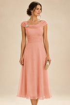 Lightweight Sheath Tea-Length Chiffon Mother of the Bride & Groom Dresses with Cowl Neck & Ruched Waist (SHI22500689)