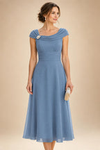 Lightweight Sheath Tea-Length Chiffon Mother of the Bride & Groom Dresses with Cowl Neck & Ruched Waist (SHI22500689)
