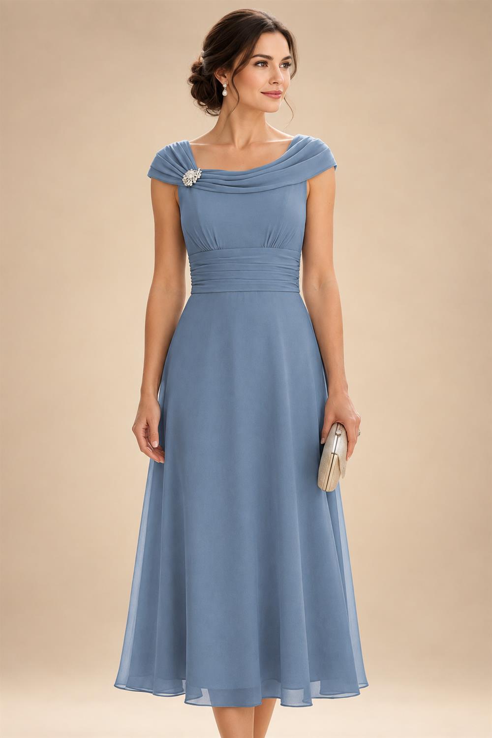 Lightweight Sheath Tea-Length Chiffon Mother of the Bride & Groom Dresses with Cowl Neck & Ruched Waist (SHI22500689)