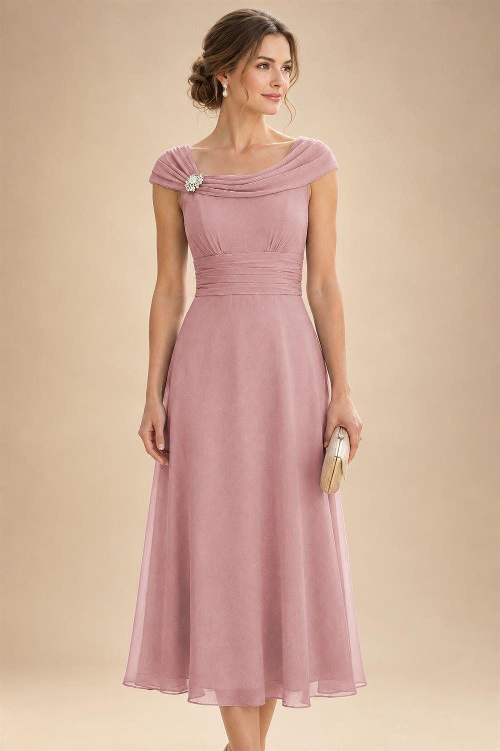Lightweight Sheath Tea-Length Chiffon Mother of the Bride & Groom Dresses with Cowl Neck & Ruched Waist (SHI22500689)