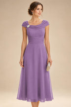 Lightweight Sheath Tea-Length Chiffon Mother of the Bride & Groom Dresses with Cowl Neck & Ruched Waist (SHI22500689)