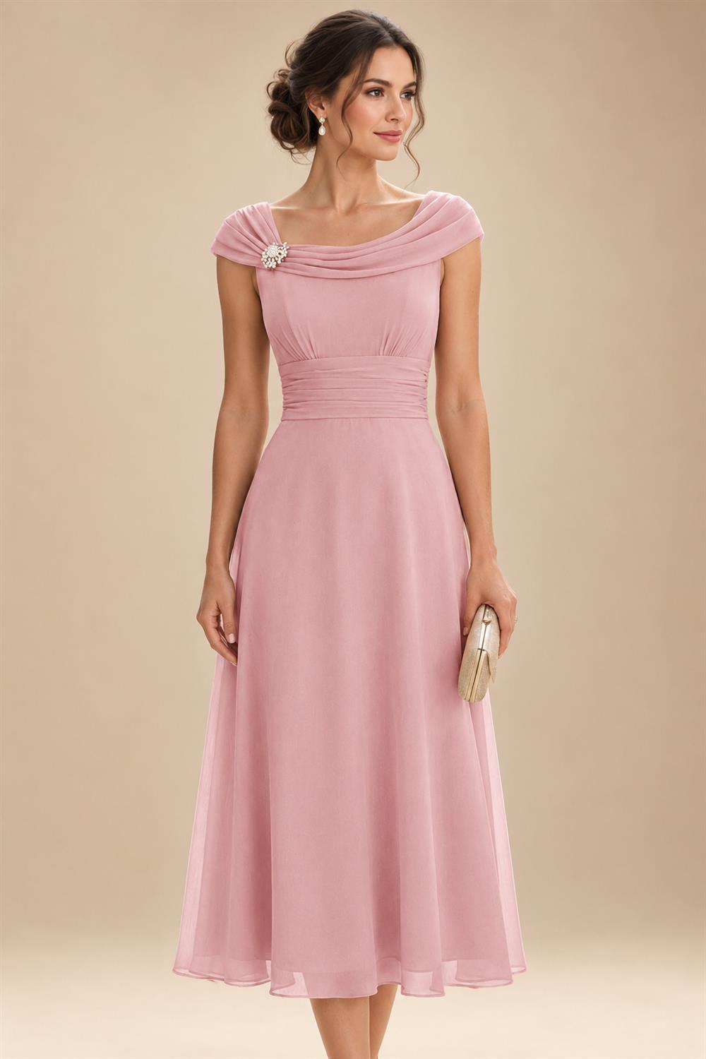 Lightweight Sheath Tea-Length Chiffon Mother of the Bride & Groom Dresses with Cowl Neck & Ruched Waist (SHI22500689)