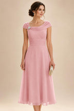 Lightweight Sheath Tea-Length Chiffon Mother of the Bride & Groom Dresses with Cowl Neck & Ruched Waist (SHI22500689)