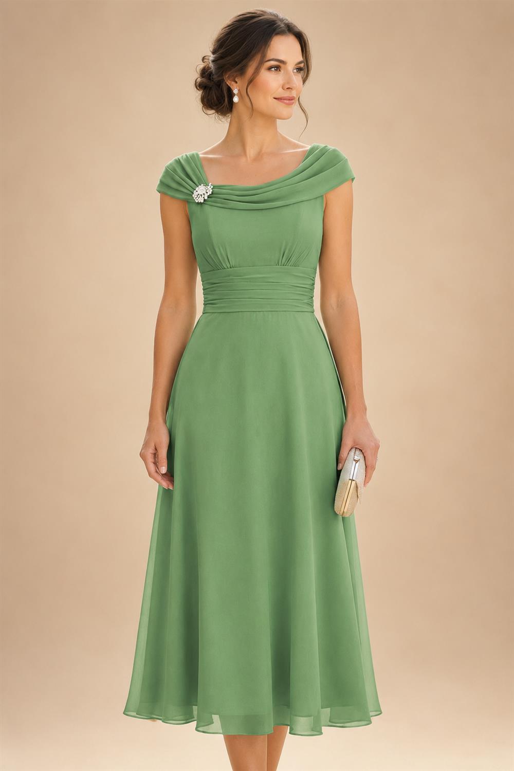 Lightweight Sheath Tea-Length Chiffon Mother of the Bride & Groom Dresses with Cowl Neck & Ruched Waist (SHI22500689)