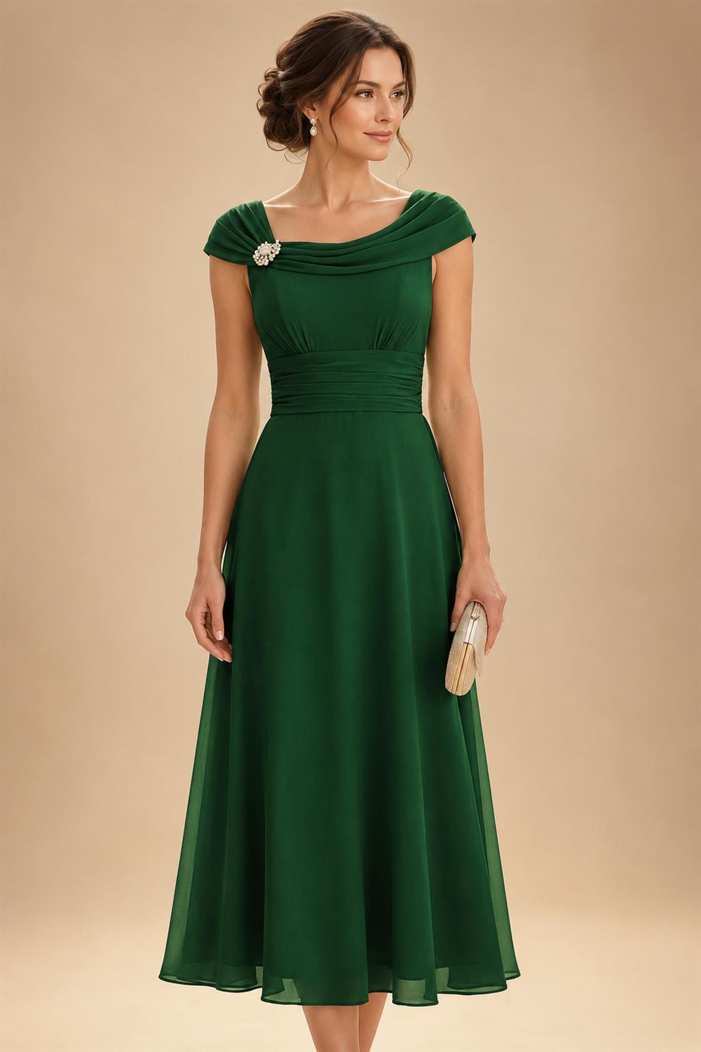 Lightweight Sheath Tea-Length Chiffon Mother of the Bride & Groom Dresses with Cowl Neck & Ruched Waist (SHI22500689)