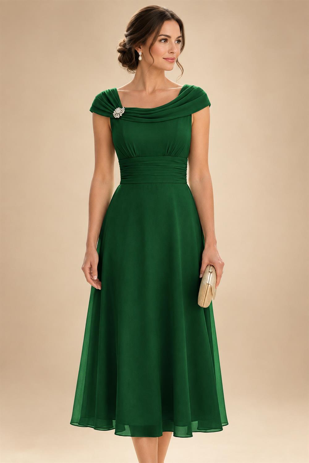 Lightweight Sheath Tea-Length Chiffon Mother of the Bride & Groom Dresses with Cowl Neck & Ruched Waist (SHI22500689)