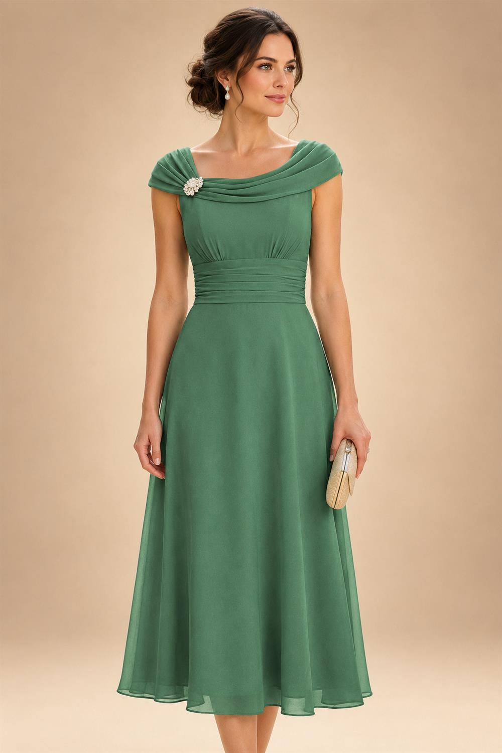 Lightweight Sheath Tea-Length Chiffon Mother of the Bride & Groom Dresses with Cowl Neck & Ruched Waist (SHI22500689)