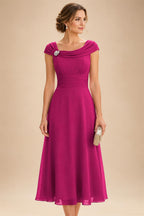Lightweight Sheath Tea-Length Chiffon Mother of the Bride & Groom Dresses with Cowl Neck & Ruched Waist (SHI22500689)