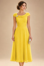 Lightweight Sheath Tea-Length Chiffon Mother of the Bride & Groom Dresses with Cowl Neck & Ruched Waist (SHI22500689)