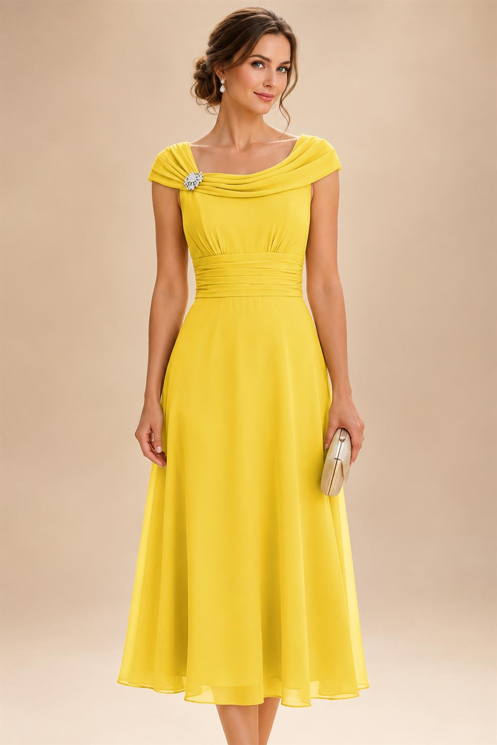 Lightweight Sheath Tea-Length Chiffon Mother of the Bride & Groom Dresses with Cowl Neck & Ruched Waist (SHI22500689)