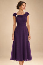 Lightweight Sheath Tea-Length Chiffon Mother of the Bride & Groom Dresses with Cowl Neck & Ruched Waist (SHI22500689)