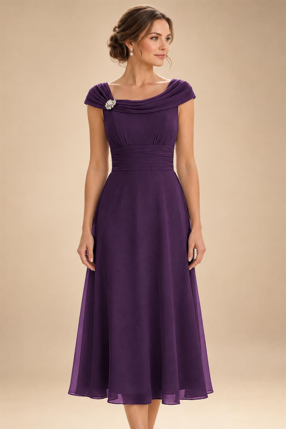 Lightweight Sheath Tea-Length Chiffon Mother of the Bride & Groom Dresses with Cowl Neck & Ruched Waist (SHI22500689)