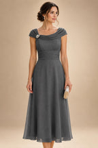 Lightweight Sheath Tea-Length Chiffon Mother of the Bride & Groom Dresses with Cowl Neck & Ruched Waist (SHI22500689)