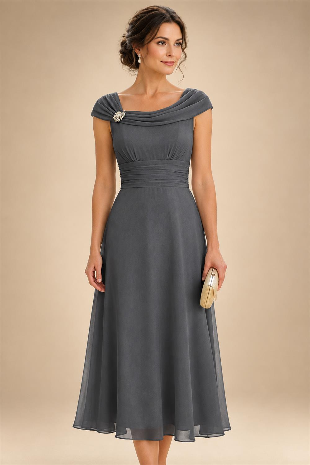 Lightweight Sheath Tea-Length Chiffon Mother of the Bride & Groom Dresses with Cowl Neck & Ruched Waist (SHI22500689)