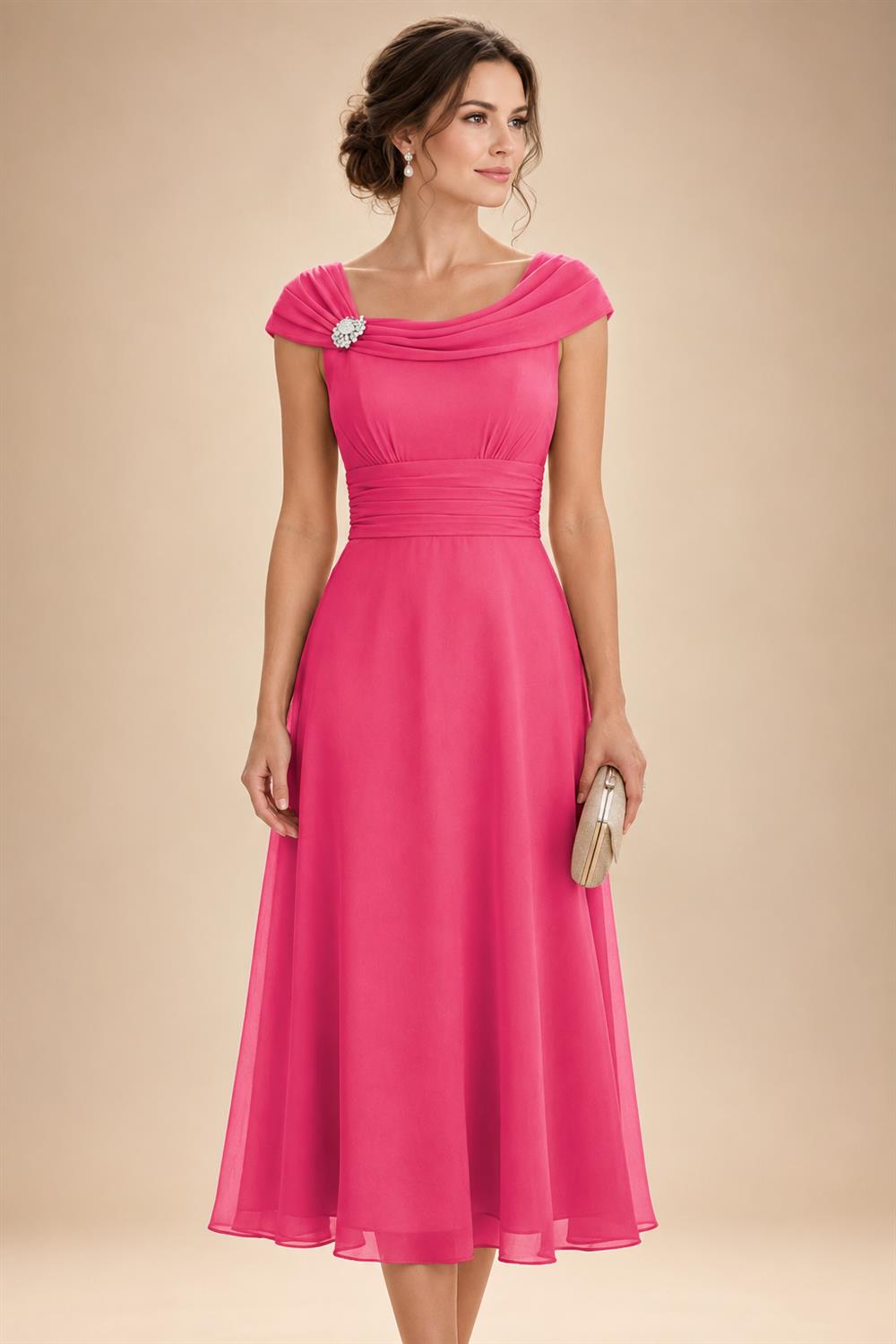 Lightweight Sheath Tea-Length Chiffon Mother of the Bride & Groom Dresses with Cowl Neck & Ruched Waist (SHI22500689)