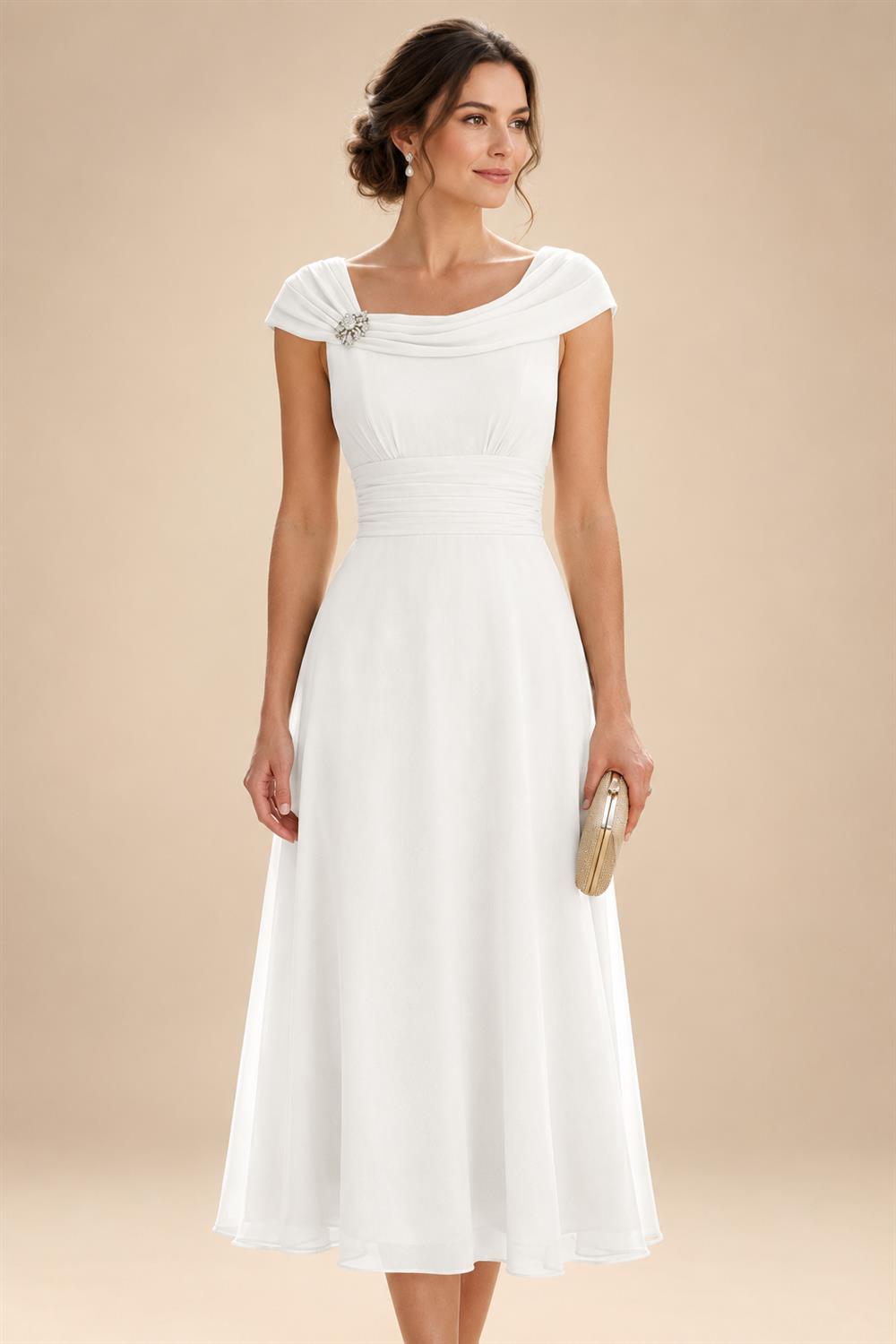 Lightweight Sheath Tea-Length Chiffon Mother of the Bride & Groom Dresses with Cowl Neck & Ruched Waist (SHI22500689)