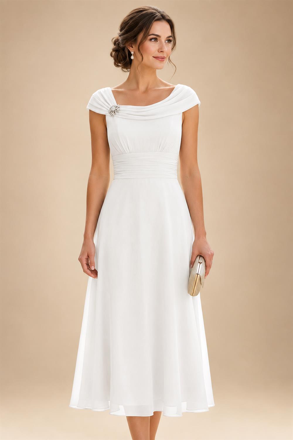 Lightweight Sheath Tea-Length Chiffon Mother of the Bride & Groom Dresses with Cowl Neck & Ruched Waist (SHI22500689)