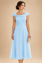 Lightweight Sheath Tea-Length Chiffon Mother of the Bride & Groom Dresses with Cowl Neck & Ruched Waist (SHI22500689)