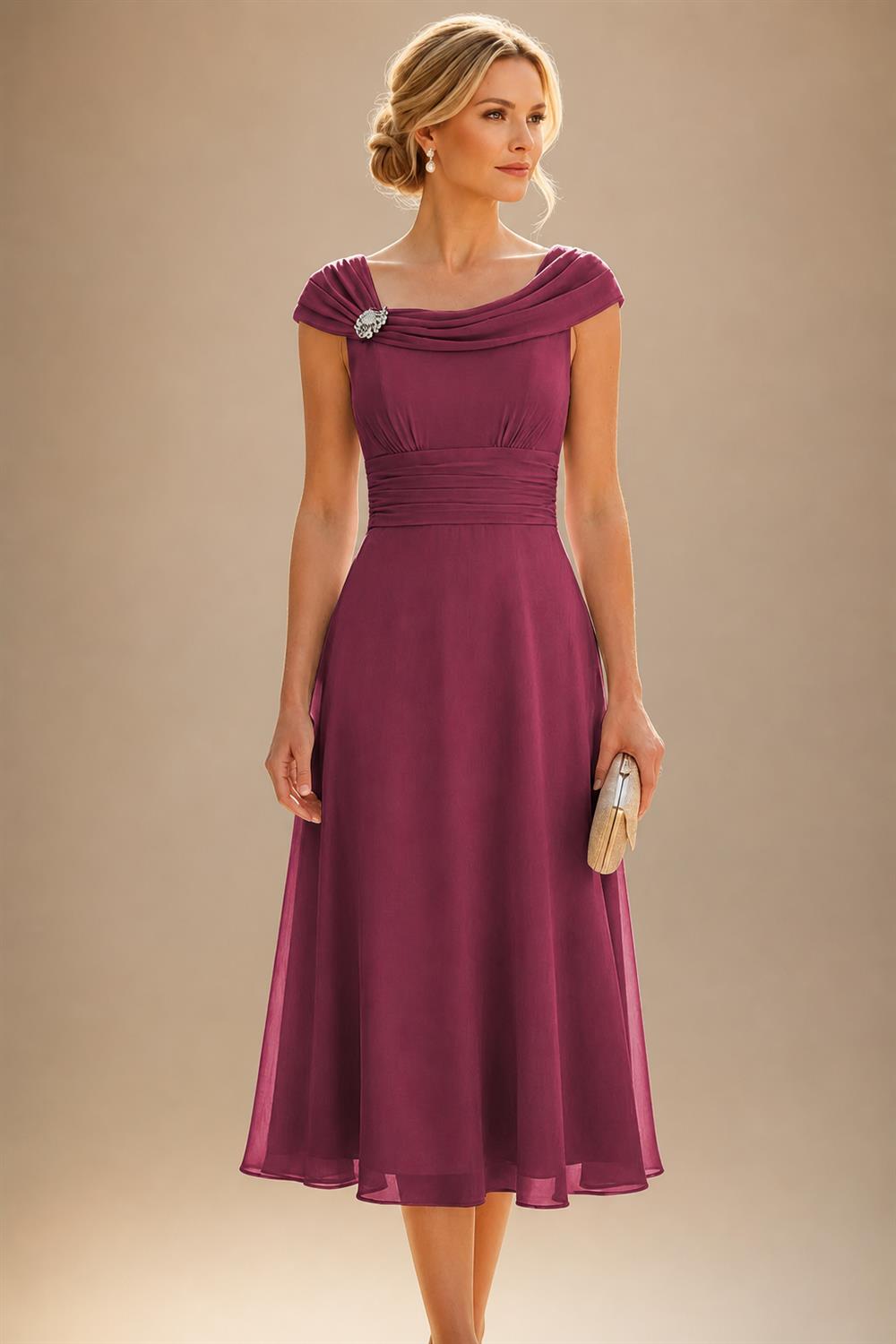 Lightweight Sheath Tea-Length Chiffon Mother of the Bride & Groom Dresses with Cowl Neck & Ruched Waist (SHI22500689)