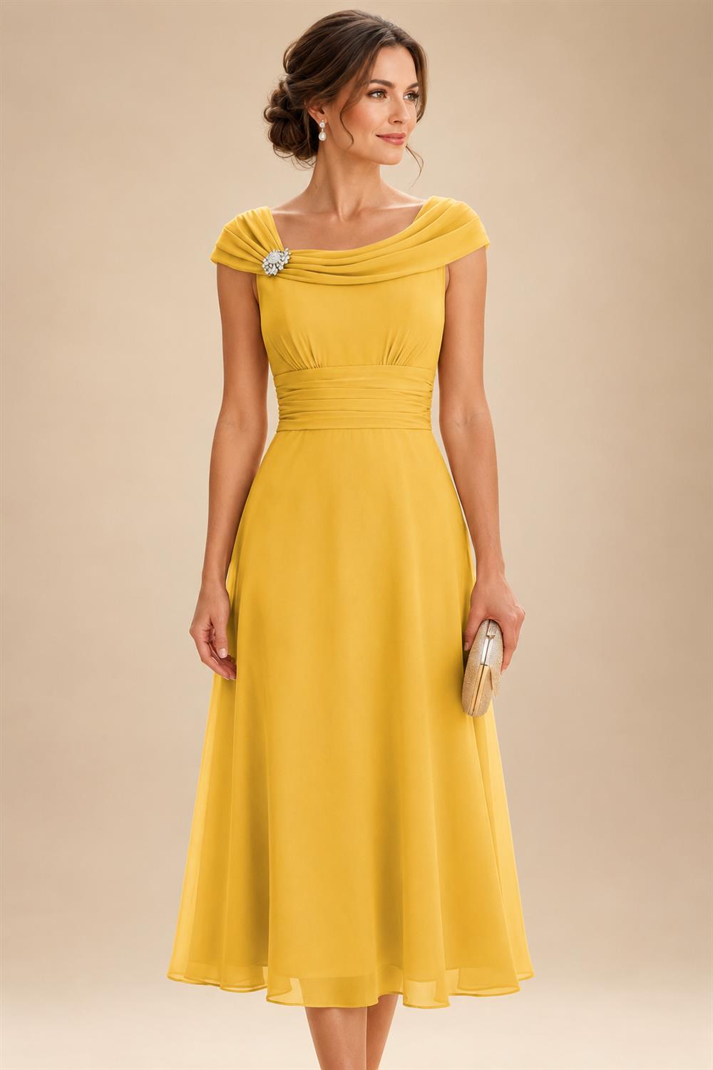 Lightweight Sheath Tea-Length Chiffon Mother of the Bride & Groom Dresses with Cowl Neck & Ruched Waist (SHI22500689)
