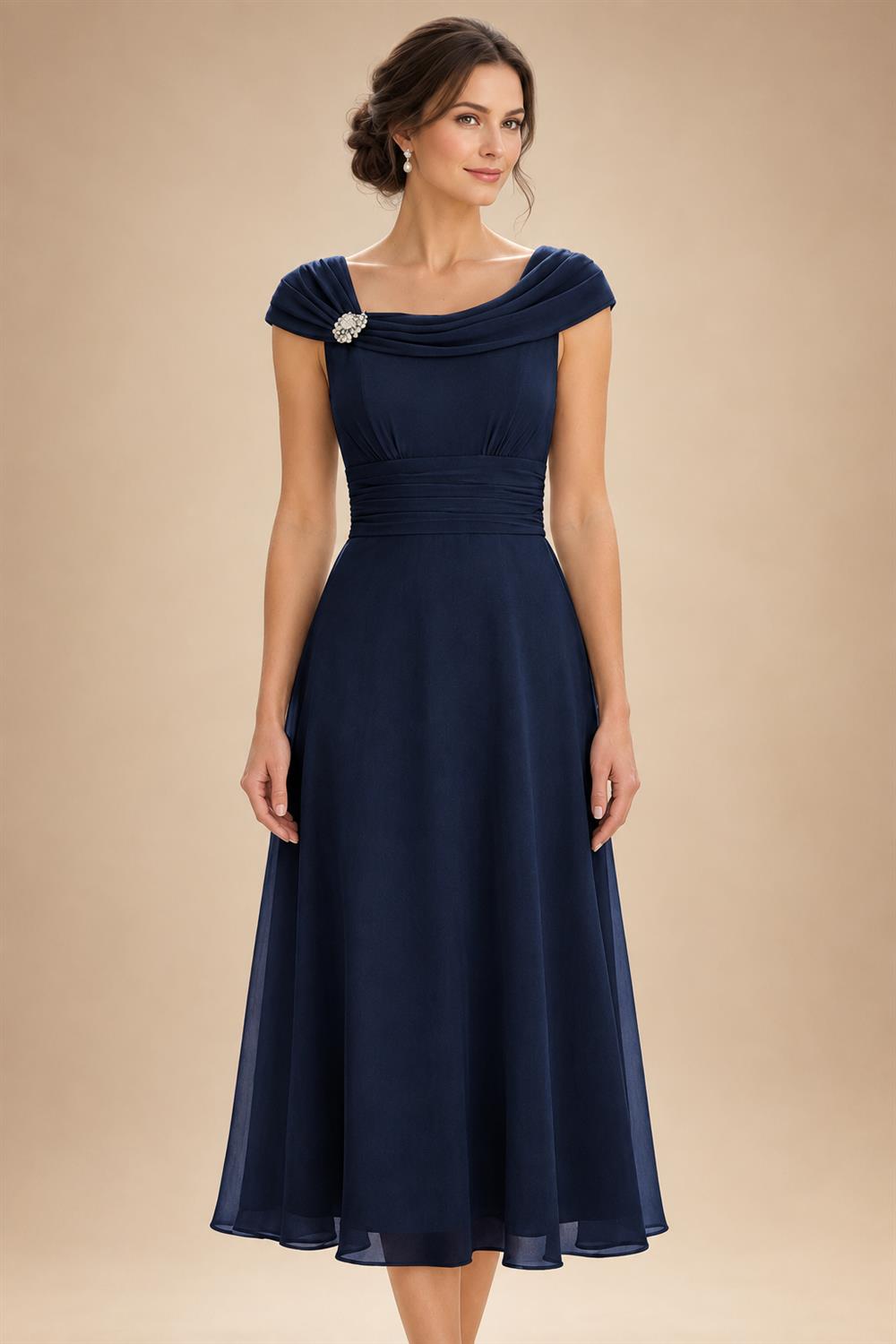Lightweight Sheath Tea-Length Chiffon Mother of the Bride & Groom Dresses with Cowl Neck & Ruched Waist (SHI22500689)