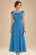 Lightweight Sheath Tea-Length Chiffon Mother of the Bride & Groom Dresses with Cowl Neck & Ruched Waist (SHI22500689)