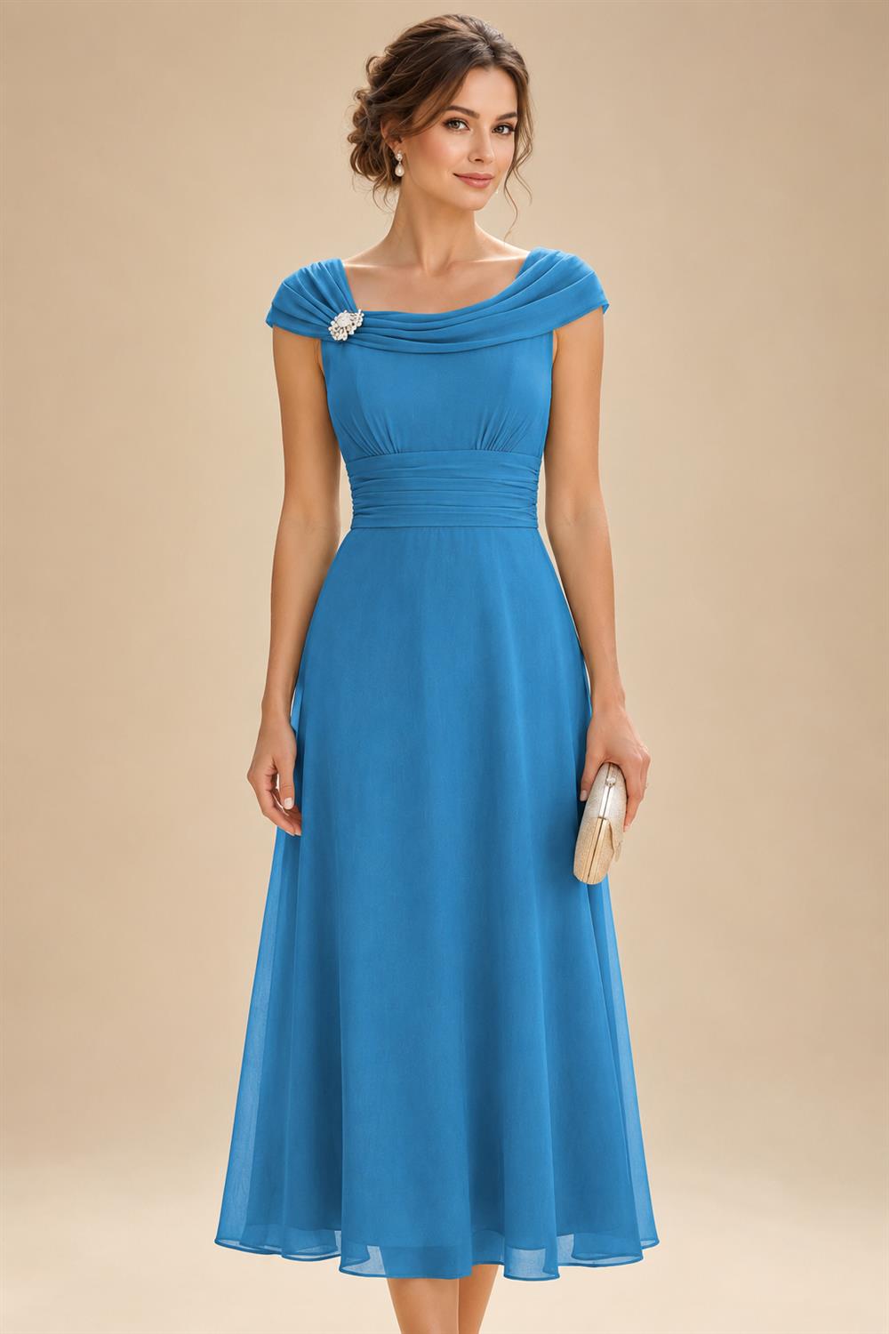 Lightweight Sheath Tea-Length Chiffon Mother of the Bride & Groom Dresses with Cowl Neck & Ruched Waist (SHI22500689)