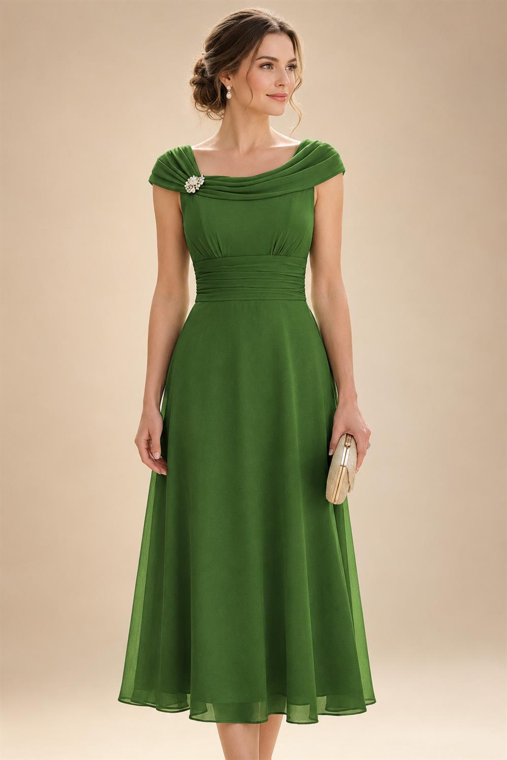 Lightweight Sheath Tea-Length Chiffon Mother of the Bride & Groom Dresses with Cowl Neck & Ruched Waist (SHI22500689)