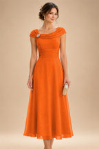 Lightweight Sheath Tea-Length Chiffon Mother of the Bride & Groom Dresses with Cowl Neck & Ruched Waist (SHI22500689)